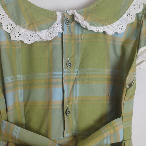 1970s Nostalgic Plaid Eyelet Lace Girls Dress Size 10 - Picture 10 of 12